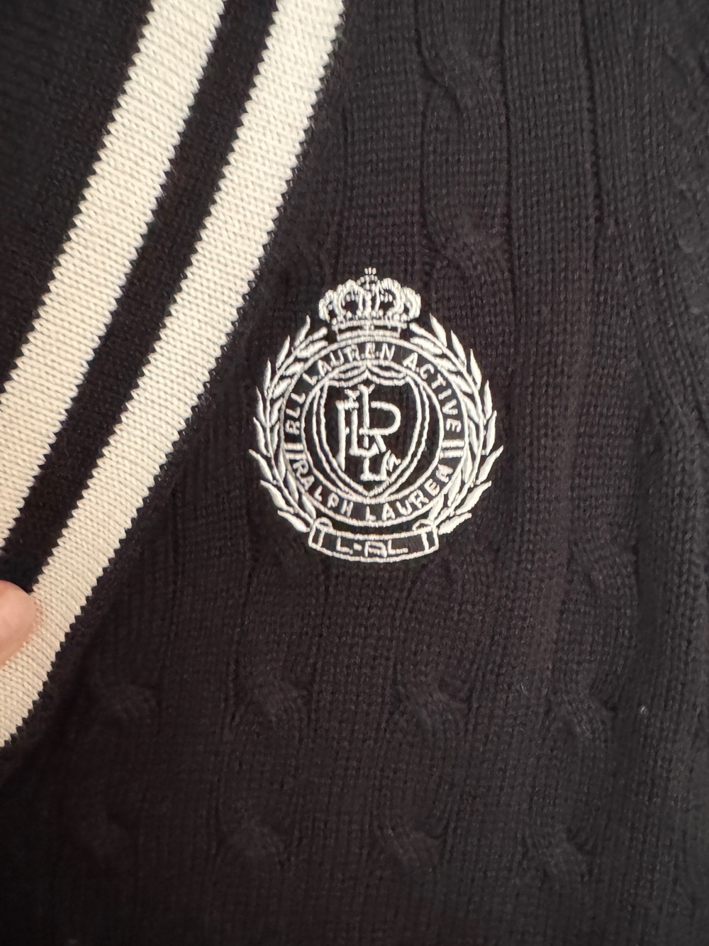 Ralph Lauren Black Shawl-Collar Cable Knit Cardigan with White Trim - Picture 2 of 5